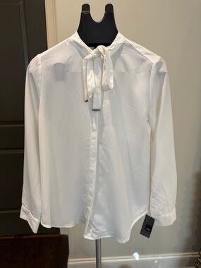 Tie-Neck White Blouse - Classic Long-Sleeve Women's Top